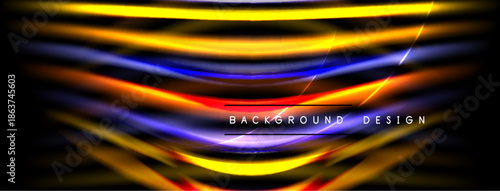 Abstract design features vibrant, flowing lines. Colors blend, creating dynamic visual effect against dark backdrop. Modern, energetic composition.