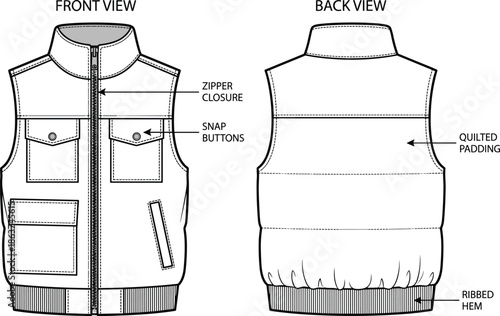 Vector quilted padded vest technical flat illustration showing front and back views zipper closure snap buttons ribbed hem sleeveless outerwear design