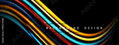Abstract lines create dynamic, colorful waves against black backdrop. Modern design evokes energy, movement, sophistication.