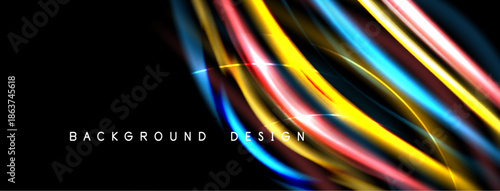 Abstract colorful lines over black background. Dynamic smooth shapes create modern design element. Bright vivid curves.