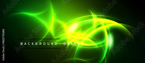 Bright green energy flows, swirling lines create abstract design. Dark background emphasizes luminous effect, modern aesthetic.
