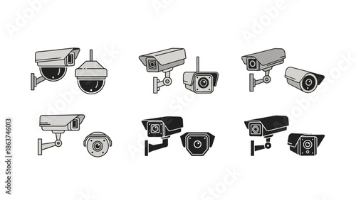 Collection of security camera icons with various designs for surveillance and monitoring applications