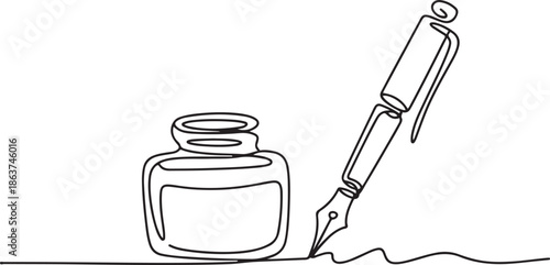 Inkwell and pen continuous line drawing.one line vector illustration with out background