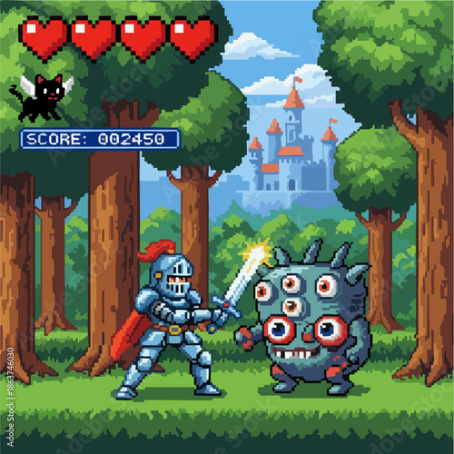 Knight Fighting Monster in Retro Video Game Pixel Art Scene