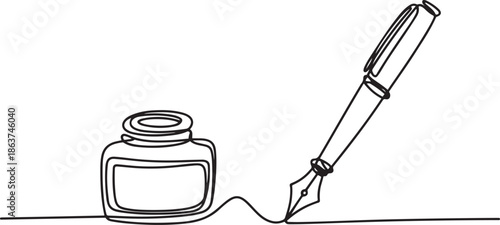 Inkwell and pen continuous line drawing.one line vector illustration with out background