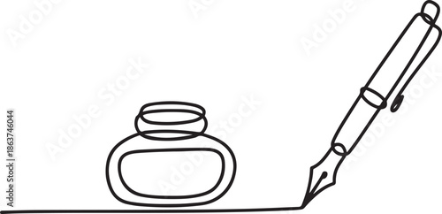 Inkwell and pen continuous line drawing.one line vector illustration with out background