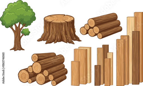 Vector timber and lumber collection featuring whole tree stump cross section stacked logs and assorted sawn lumber planks for woodworking and construction