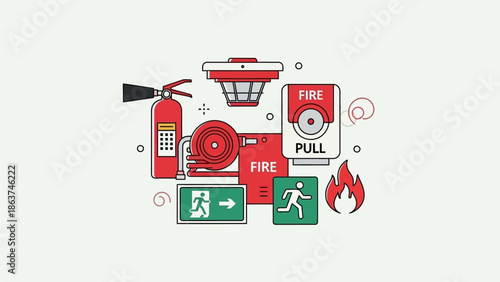 Comprehensive collection of fire safety equipment icons, illustrating emergency prevention and protection systems essential for buildings and public spaces