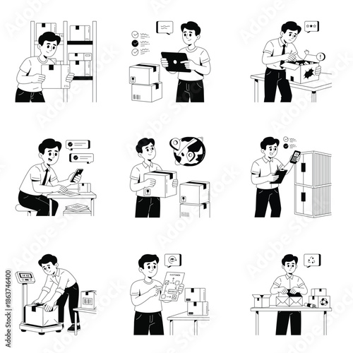 Logistics Vector Black And White Outline Illustration Set 2