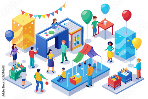 People enjoying various activities at a colorful outdoor fair with games, booths, food stands and balloons in a festive atmosphere