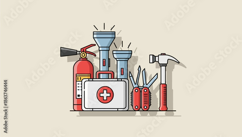 Essential Survival and Emergency Preparedness Kit Illustration featuring First Aid, Fire Safety, Illumination, and Utility Tools for Readiness