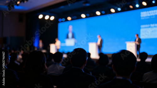 Audience attending a conference with speakers on stage presenting in front of a large screen