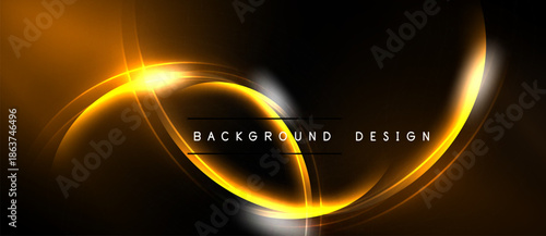 Abstract design features glowing orange curves, dynamic lines. Dark background enhances luminosity, creating modern visual impact.