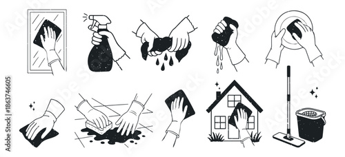House cleaning vector black and white set