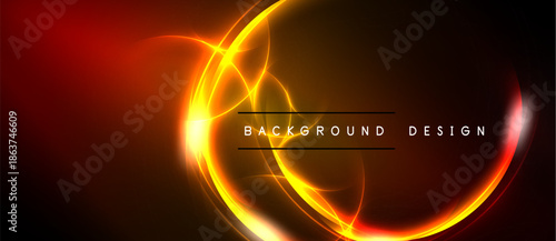 Bright orange neon glow forms circular design over dark background. Text reads background design. Vivid energy radiates throughout image.