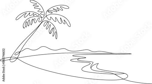 One continuous line drawing of beach with palm tree.one line vector illustration with out background