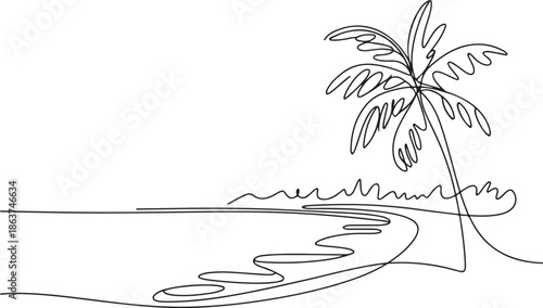 One continuous line drawing of beach with palm tree.one line vector illustration with out background