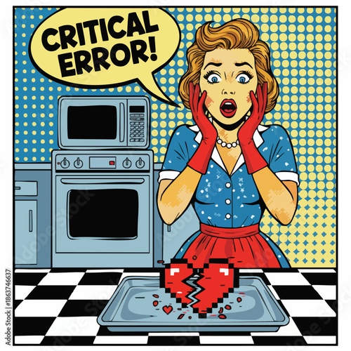Pop art critical error baking fail with surprised housewife