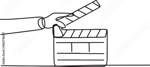One continuous line drawing of clapper board. Action movie scene and retro video production concept in simple linear style.one line vector illustration with out background