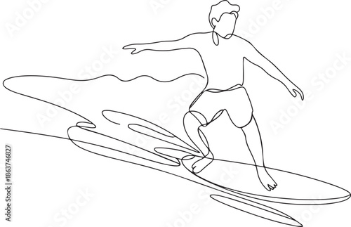 One continuous line drawing young happy tourist surfer exercising surfing on wavy ocean. Healthy extreme watersport concept. Summer holiday.one line vector illustration with out background