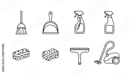 Collection of cleaning tools and supplies including a broom, dustpan, spray bottles, sponges, squeegee, and vacuum cleaner
