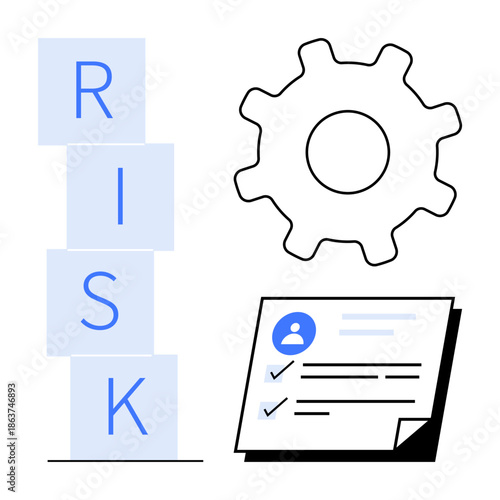 Stacked blocks spelling risk, gear icon for strategy, checklist for evaluation. Ideal for risk assessment, business strategy, decision making, process optimization, documentation, planning simple