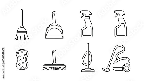 Collection of cleaning tools including a broom, dustpan, spray bottles, vacuum cleaner, and sponge