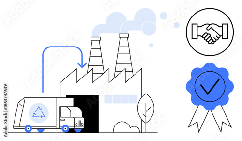 Sustainability concept. Sustainability ed by a recycling truck, factory emissions, and validation symbols. Sustainability ensures eco-friendly production processes. For recycling, industry, corporate