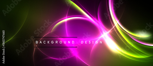 Abstract vibrant design. Smooth curves, glowing lines create dynamic composition. Dark background emphasizes bright colors, modern aesthetic.
