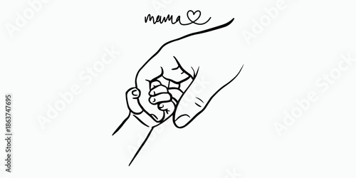 Minimalist Line Art Illustration of Mother and Baby Hands Holding with Mama Text