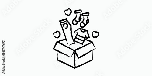 Hand Drawn Gift Box with Clothing and Hearts for Charity or Baby Shower