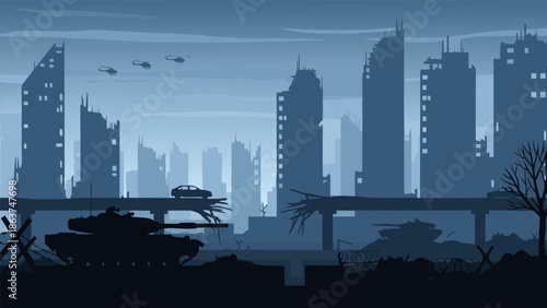 Post-Apocalyptic Cityscape Vector Illustration Ruined Buildings, Military Tanks, and Helicopters in a Desolate Urban Environment