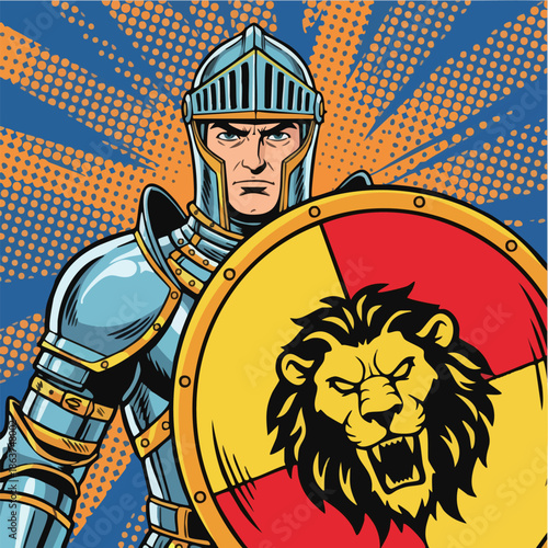 Strong Knight Warrior in Full Armor with Lion Emblem Shield