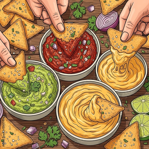 Delicious dips and tortilla chips for a party.