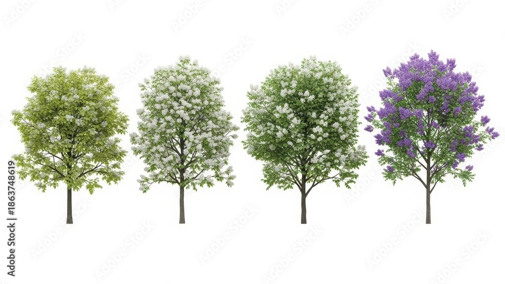 Fototapeta premium Four Isolated Trees with Lush Foliage - Various Seasons, White Background