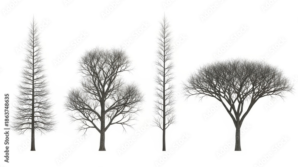 Fototapeta premium Winter Trees Silhouette Set Bare Branching Trees on White Background