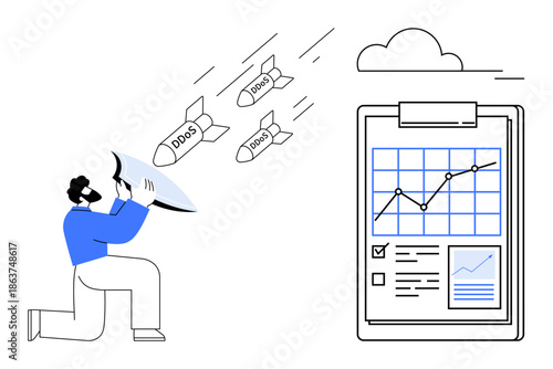 Cybersecurity, data protection, online threats, DDoS mitigation, network defense, digital security. Person shielding against missiles, analytics chart displayed. Cybersecurity and data protection