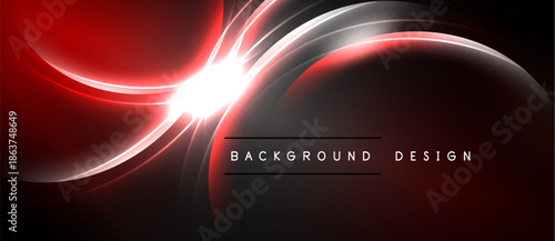 Abstract red design features curved lines, bright light flare. Dark background creates dramatic visual effect. Modern, dynamic composition.