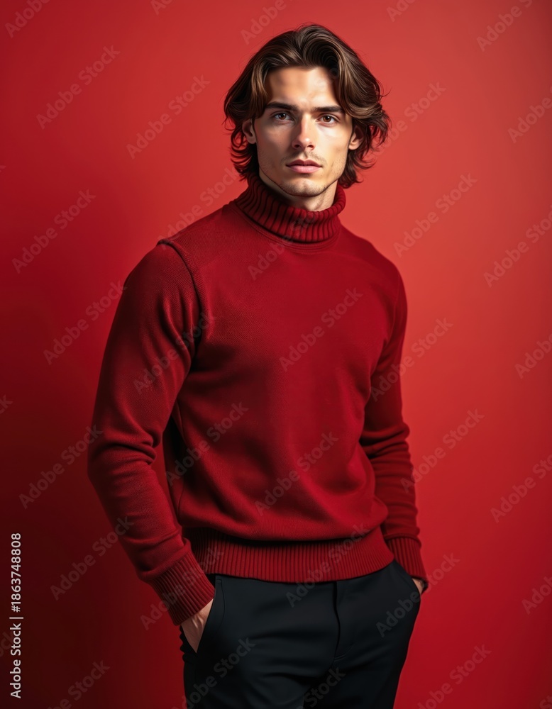 Obraz premium Man in red turtleneck sweater stands against plain red background. He wears black pants, hands in pockets, posing in studio. Confident and stylish model with brown hair.