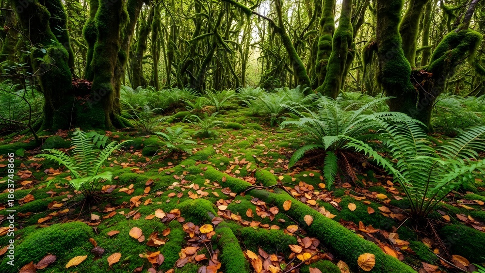 Fototapeta premium Dense enchanted forest filled with moss-covered trees, vibrant green ferns, and soft natural light filtering through the canopy. A magical woodland scene representing pristine nature and tranquil wild