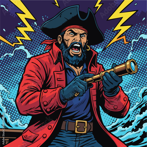 Angry pirate captain shouting in a stormy sea with a spyglass