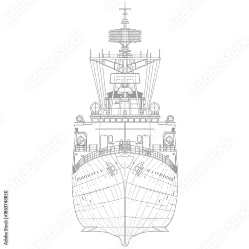 Detailed Blueprint Illustration of a Modern Warship Bow.