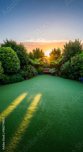 Lush green lawn extends toward dense foliage bathed in bright sunrise glow
