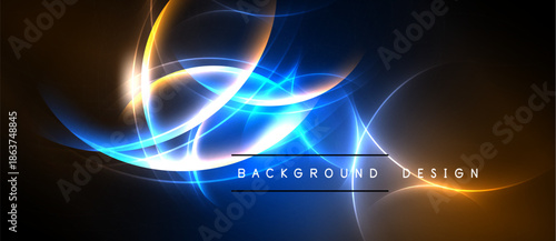 Abstract design features vibrant blue, orange light curves. Dark background enhances glowing effect, creating dynamic visual. Background, design text present.