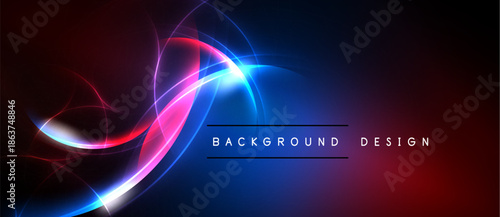 Abstract neon lines create dynamic background. Red, blue hues blend, forming modern visual effect. Minimalist text present.