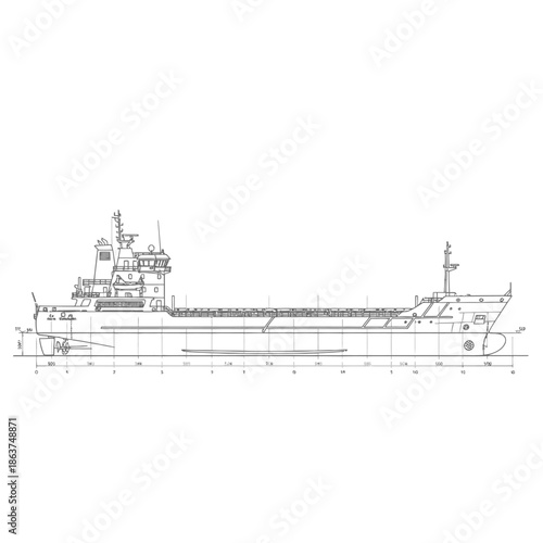 Detailed Blueprint of a Cargo Ship Side View.