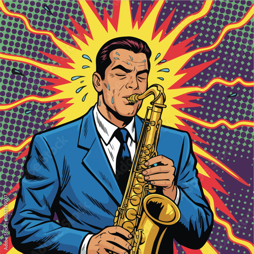 Energetic Jazz Musician Playing Saxophone Pop Art Illustration