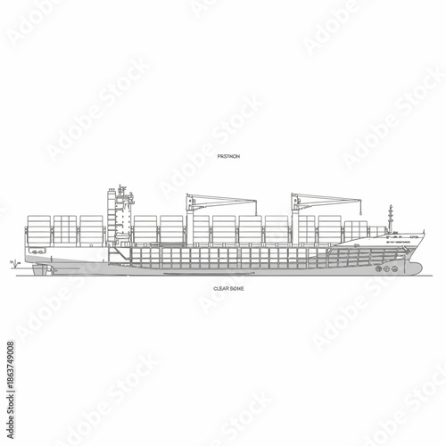 Detailed Blueprint of a Large Container Ship Side View.