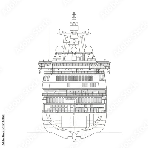 Detailed Blueprint of a Large Cruise Ship Stern View.