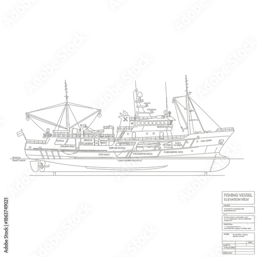 Detailed Blueprint of a Large Fishing Trawler Vessel.